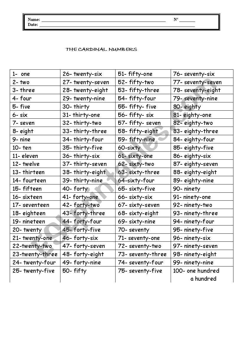 Cardinal Numbers worksheet