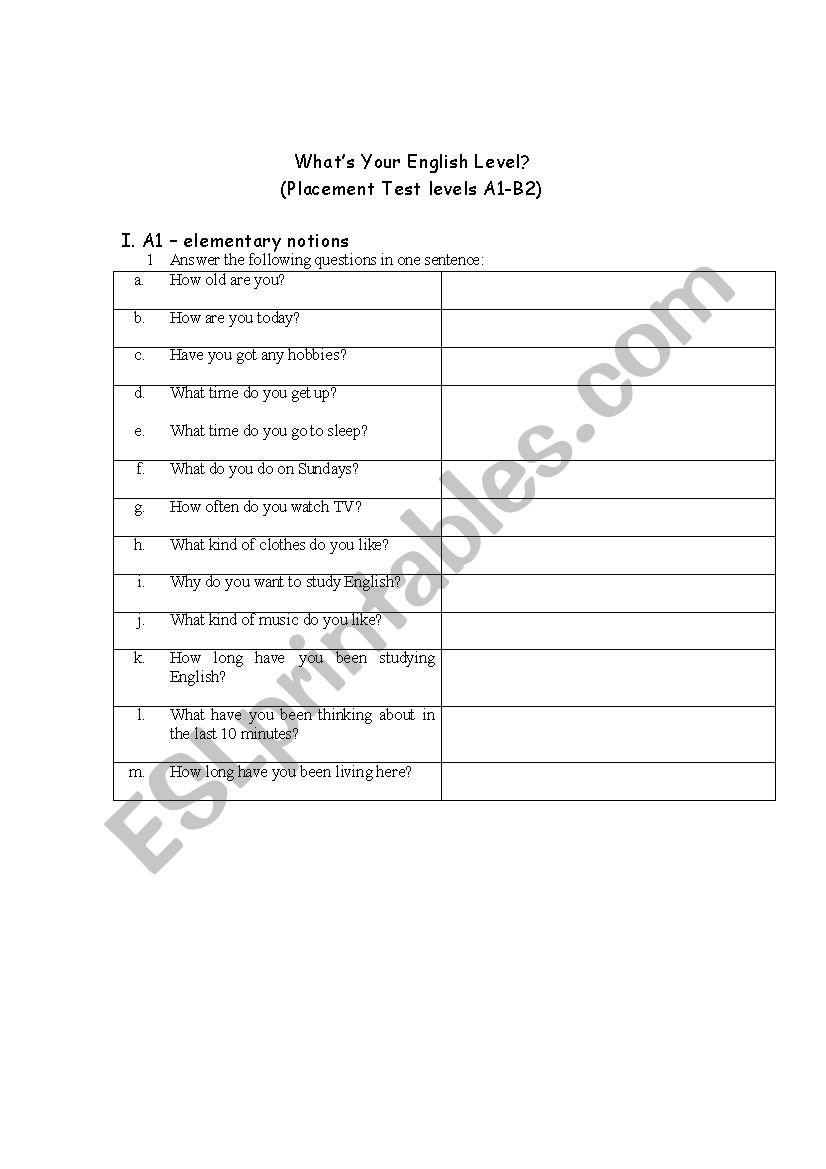 WhatÃ¯Â¿Â½s your english level (placement test a1-b2 for 16+ students) + KEY