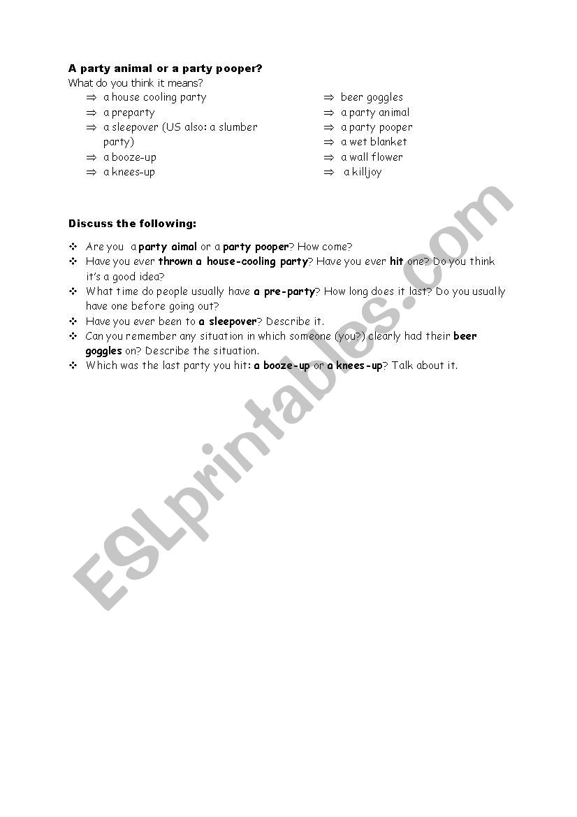 PArty animal or killjoy worksheet