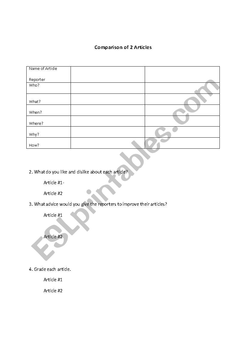 Newspaper article compare worksheet