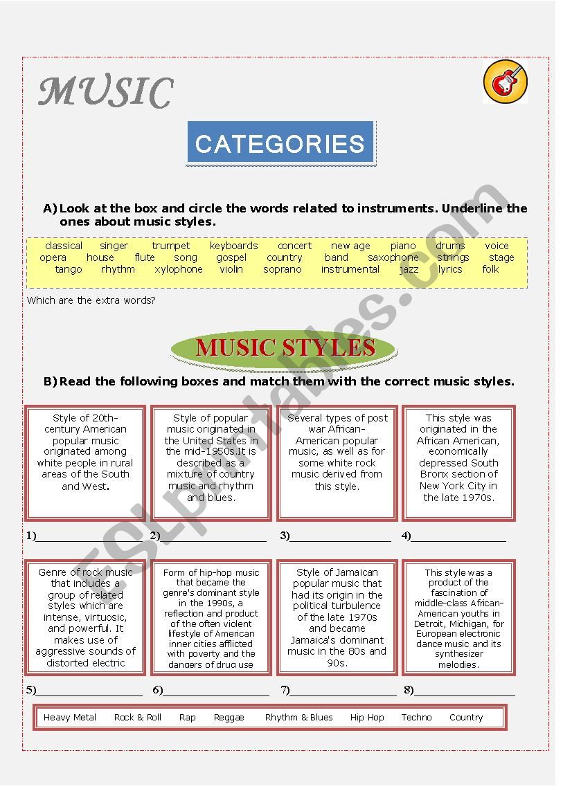 Music Styles worksheet