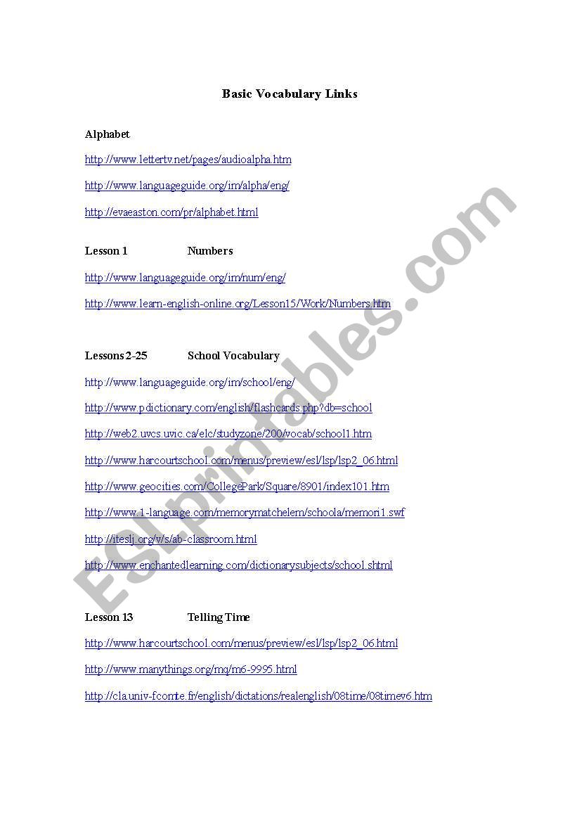 Basic Vocabulary Web Links worksheet