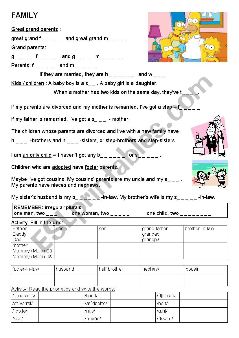 family vocabulary worksheet