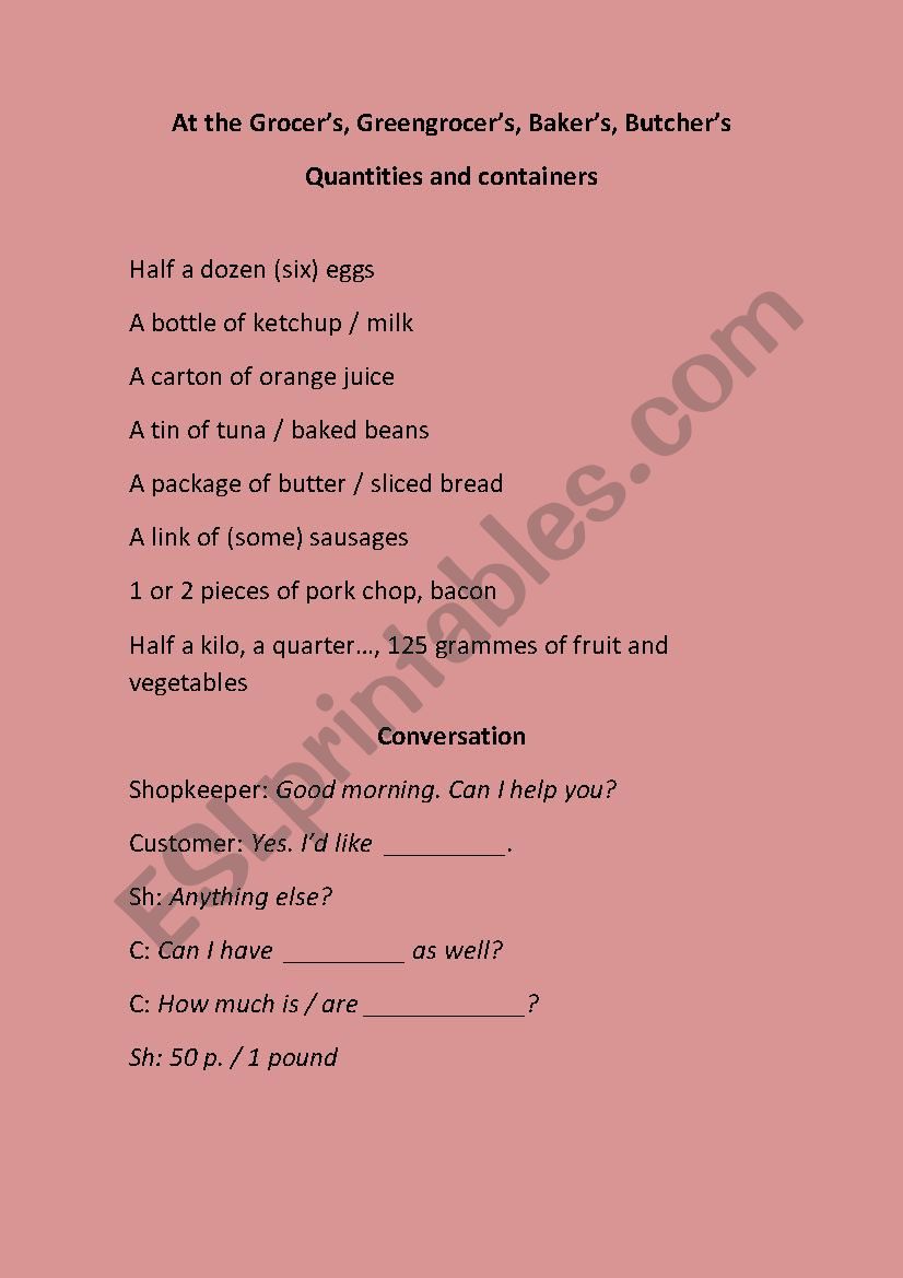 Shopping list worksheet