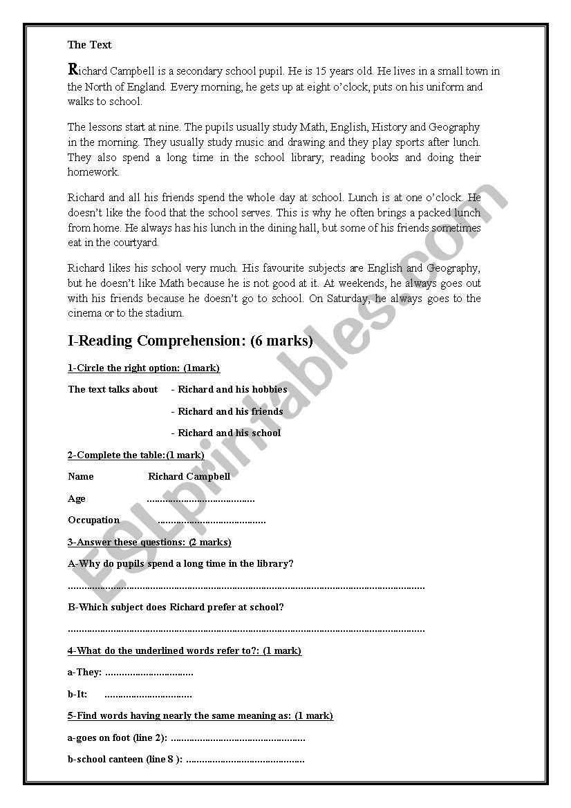 reading end of term test 1 worksheet