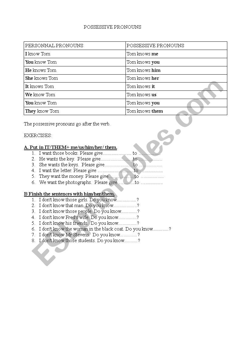 possessive pronouns worksheet