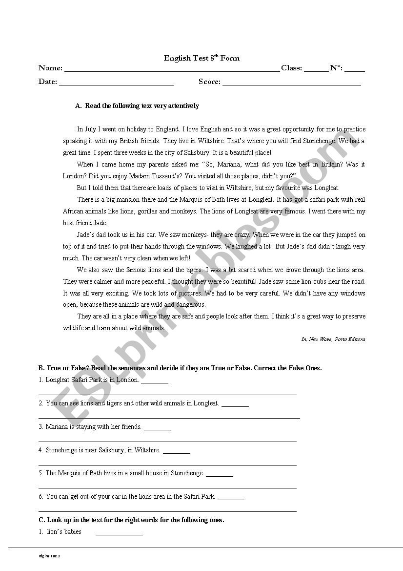 8th Form TEST worksheet