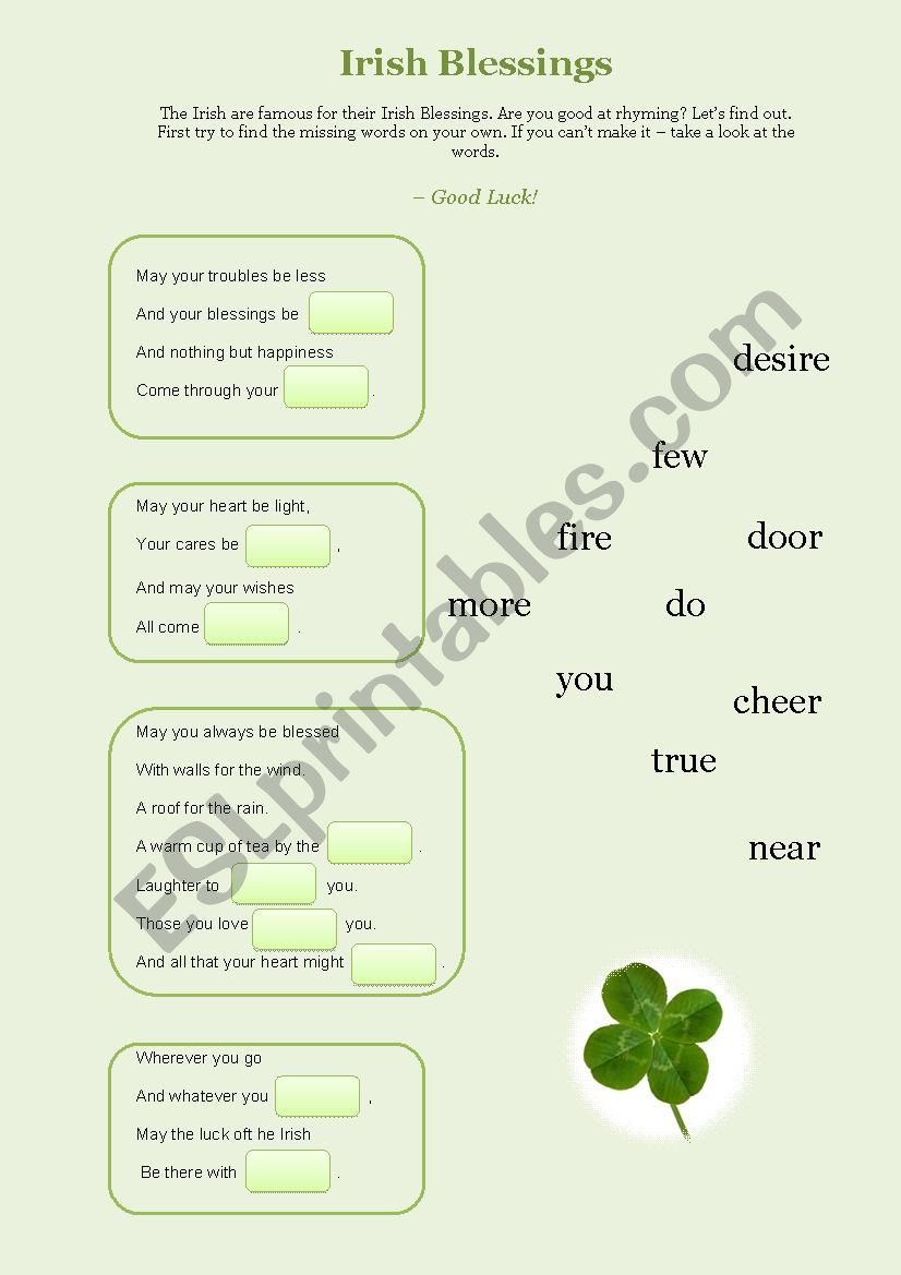Irish Blessings worksheet