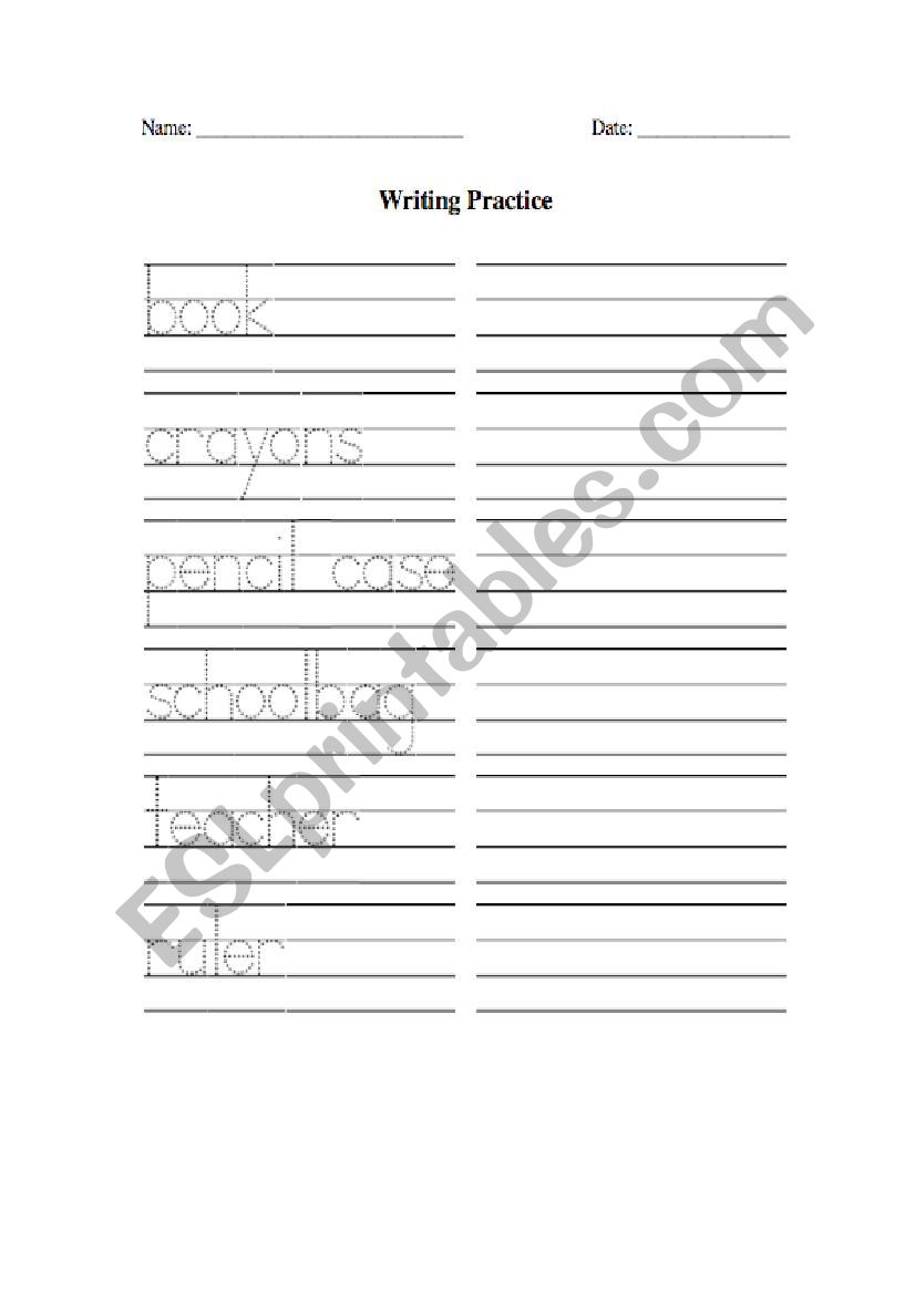 Tracing classroom vocabulary worksheet