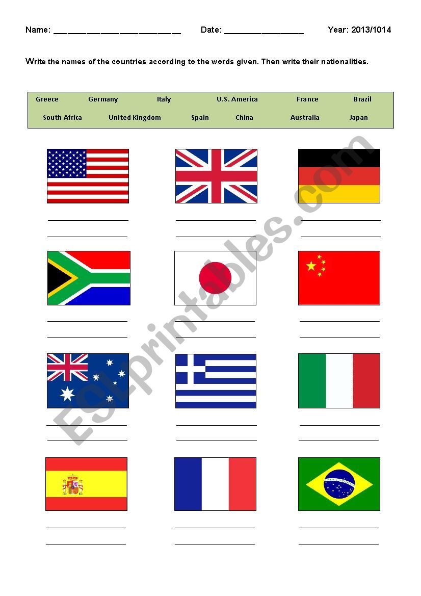 countries and nationalities worksheet