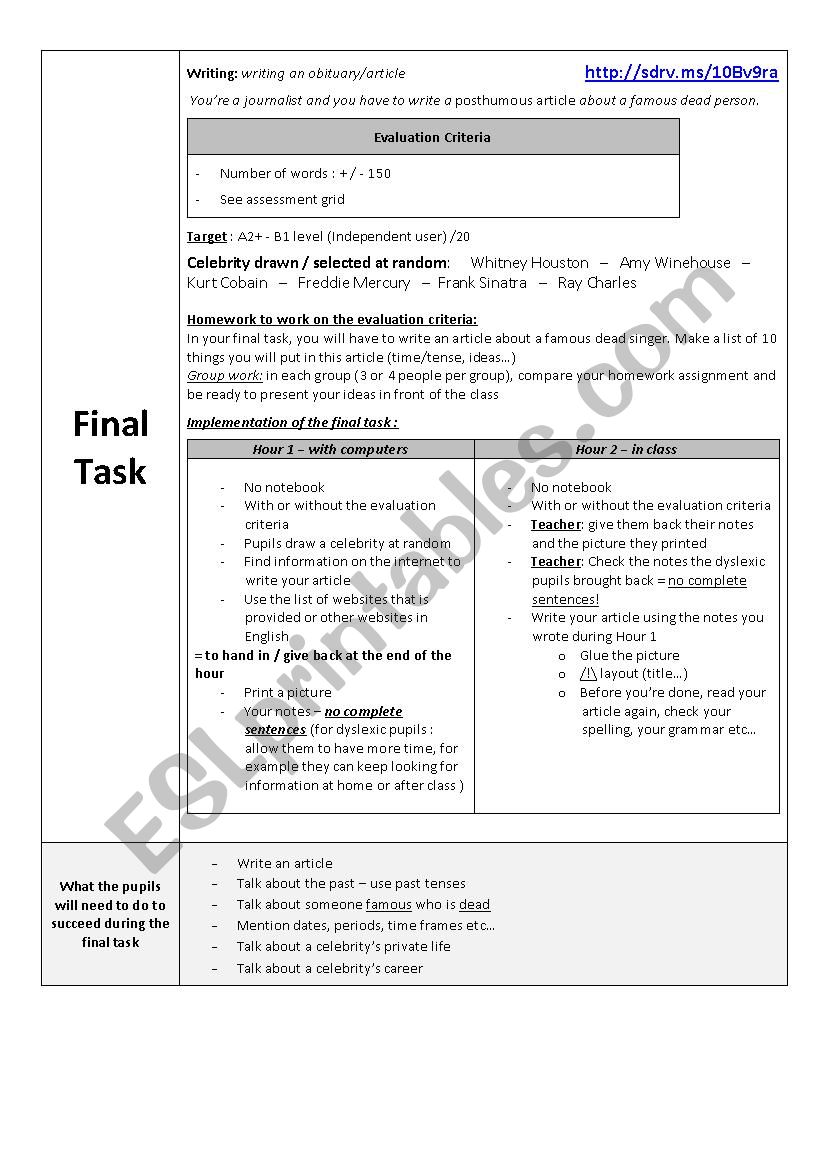 lesson plan A2 B1 - im a journalist/biographer, im writing an obituary/an article about a famous dead person