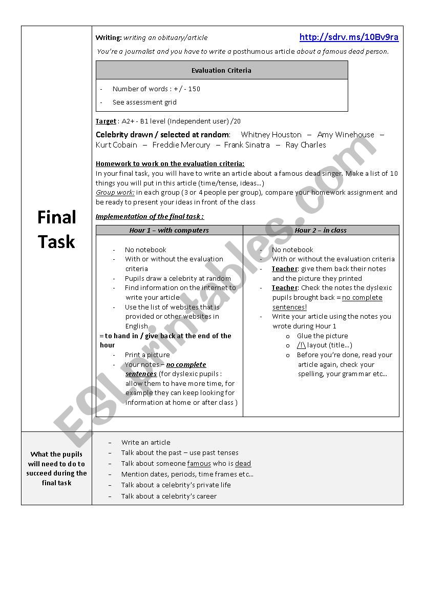 lesson plan A2 B1 - i´m a journalist/biographer, i´m writing an obituary/an article about a famous dead person