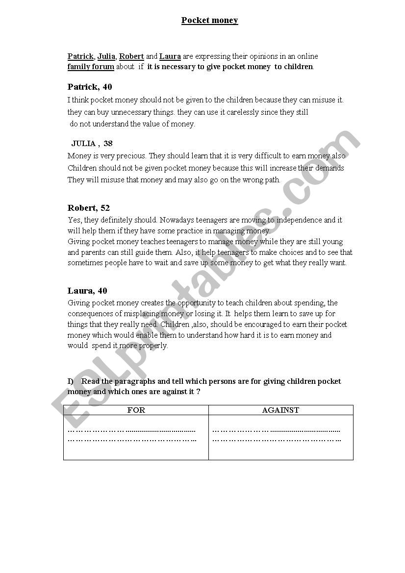 POCKET MONEY worksheet