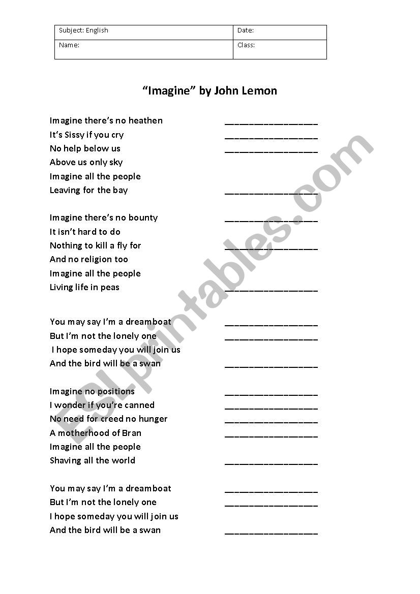 Imagine by John Lennon worksheet