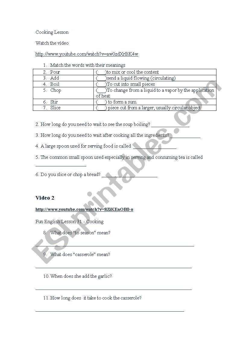 Cooking lesson worksheet