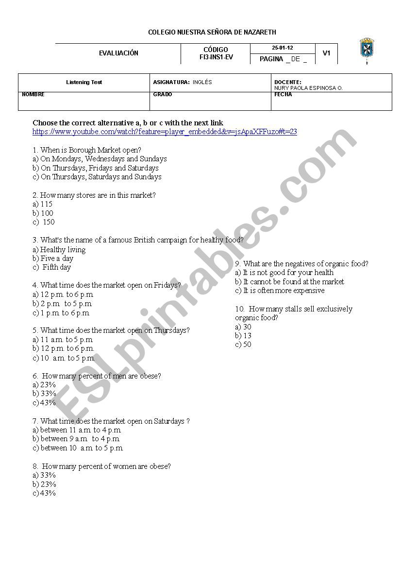 Healthy Food Market  worksheet