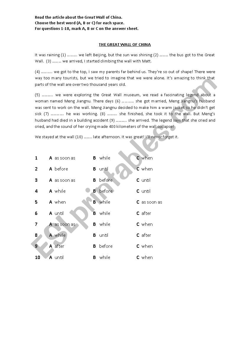 The Great wall of China worksheet