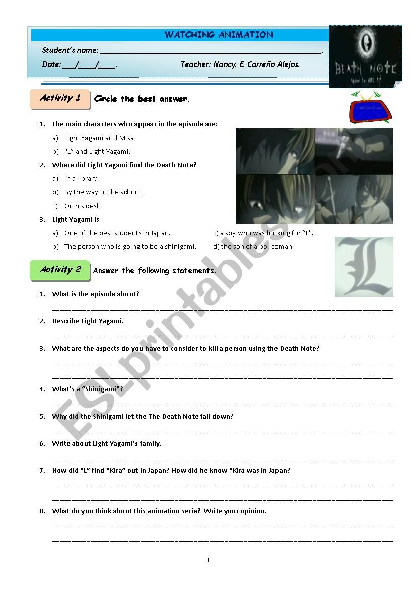 DEATH NOTE - EPISODE 1 worksheet