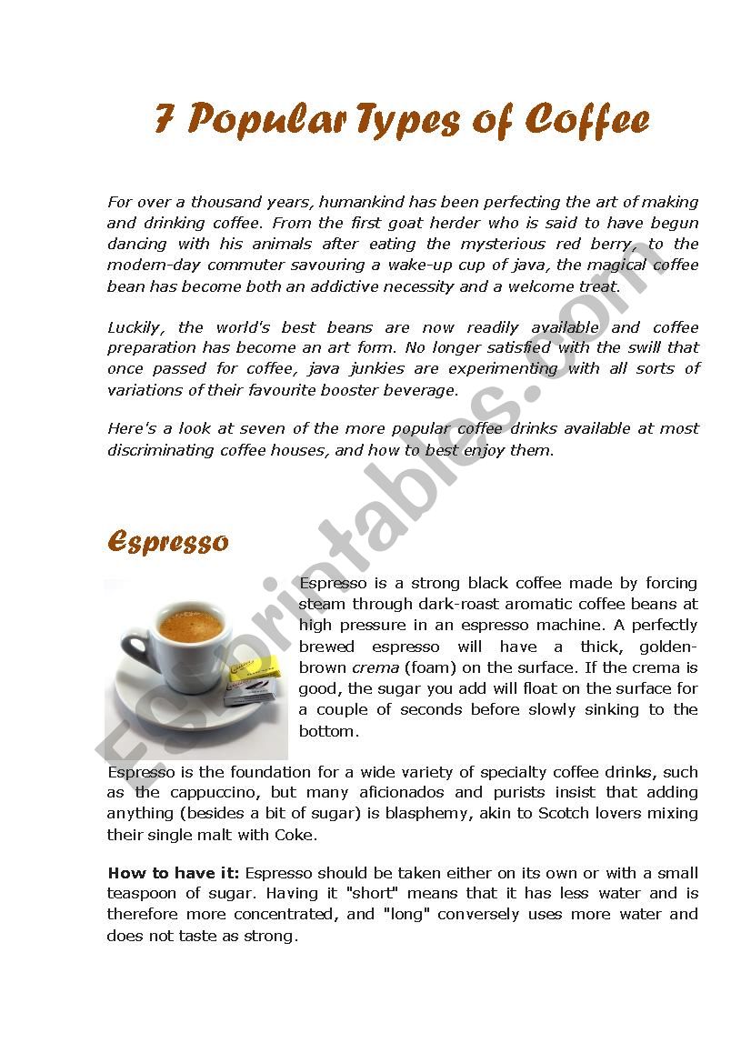 7 Popular Types of Coffee worksheet