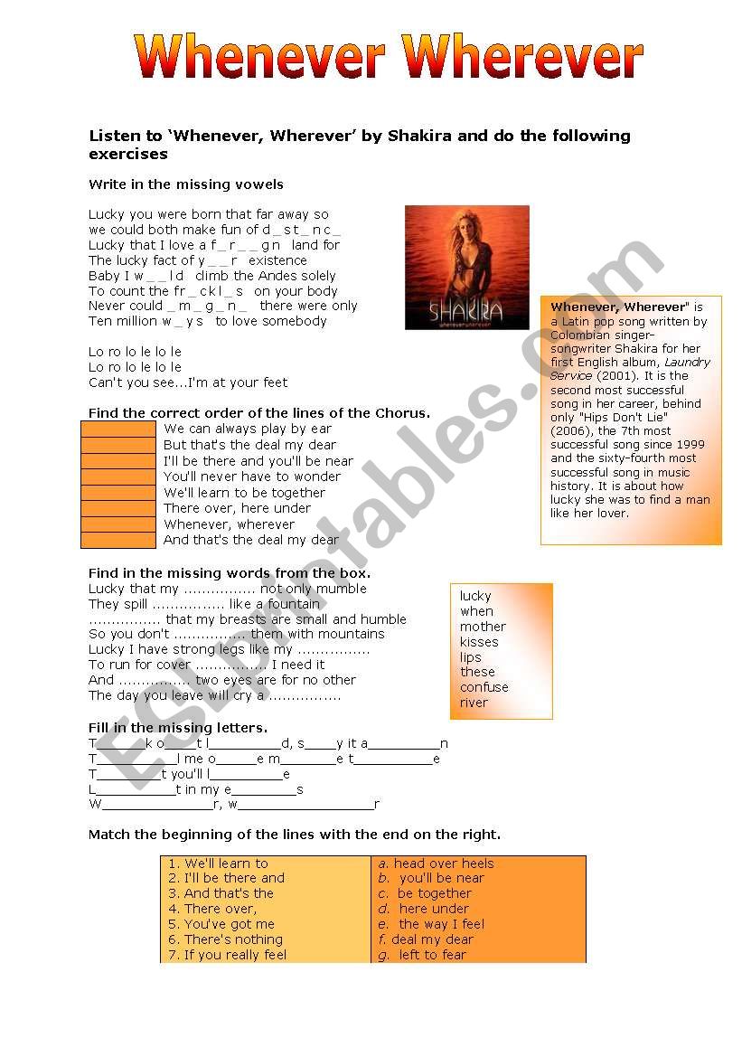Whenever Wherever by Shakira worksheet