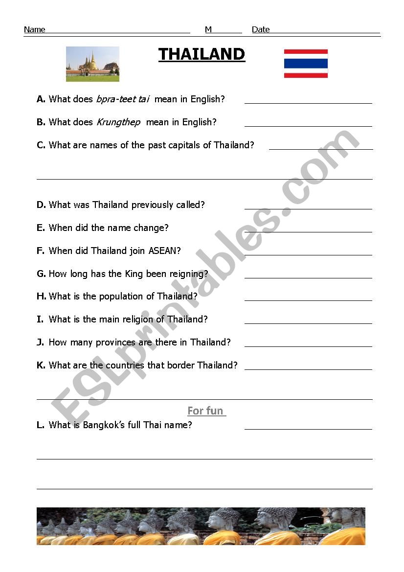 Quiz on Thailand worksheet