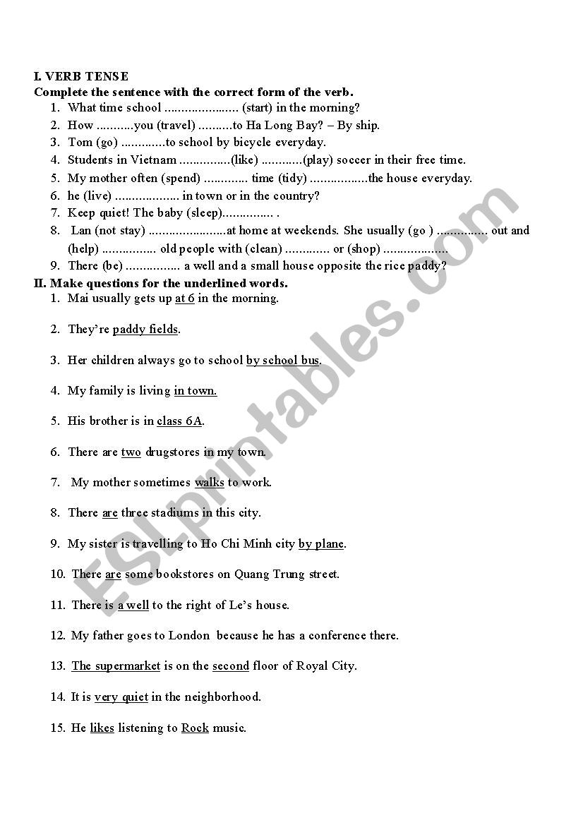 Verb tenses and questions worksheet
