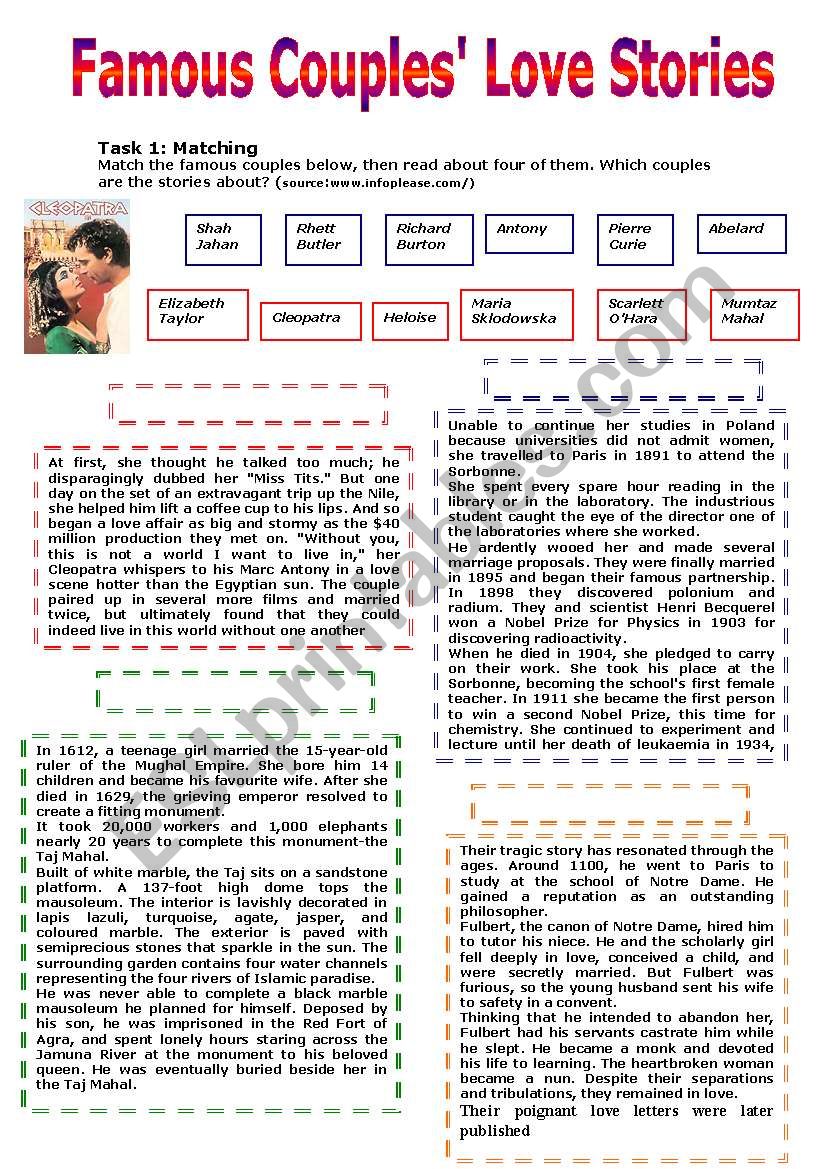 Famous Couples Love Stories worksheet