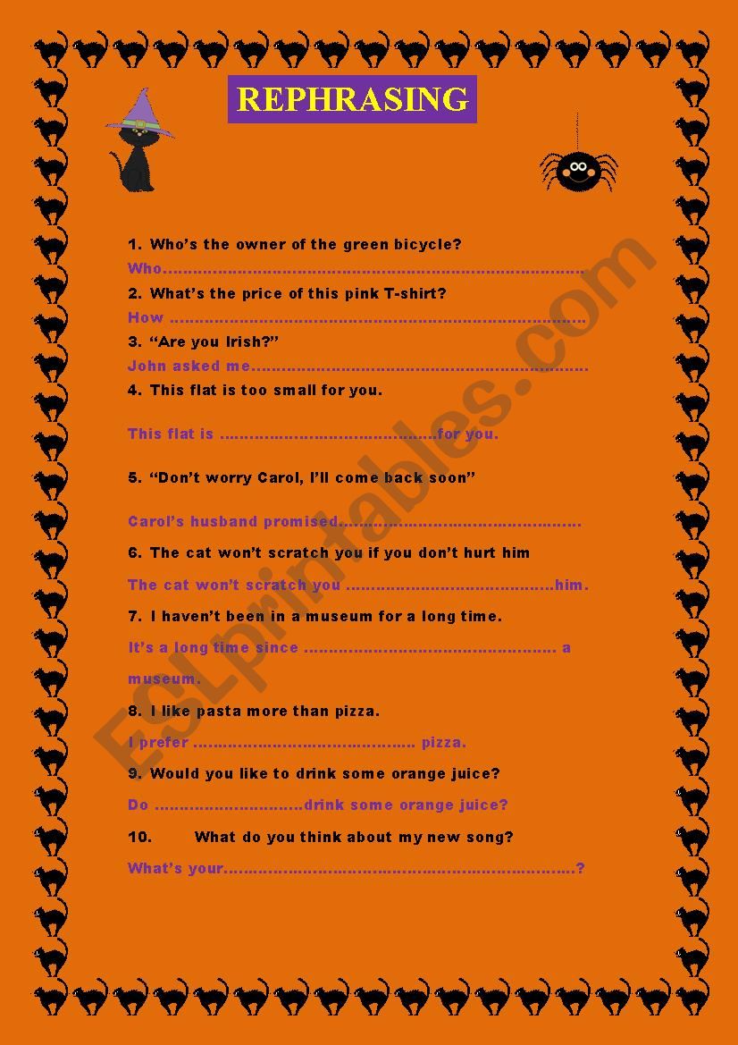 Halloween Rephrasing worksheet