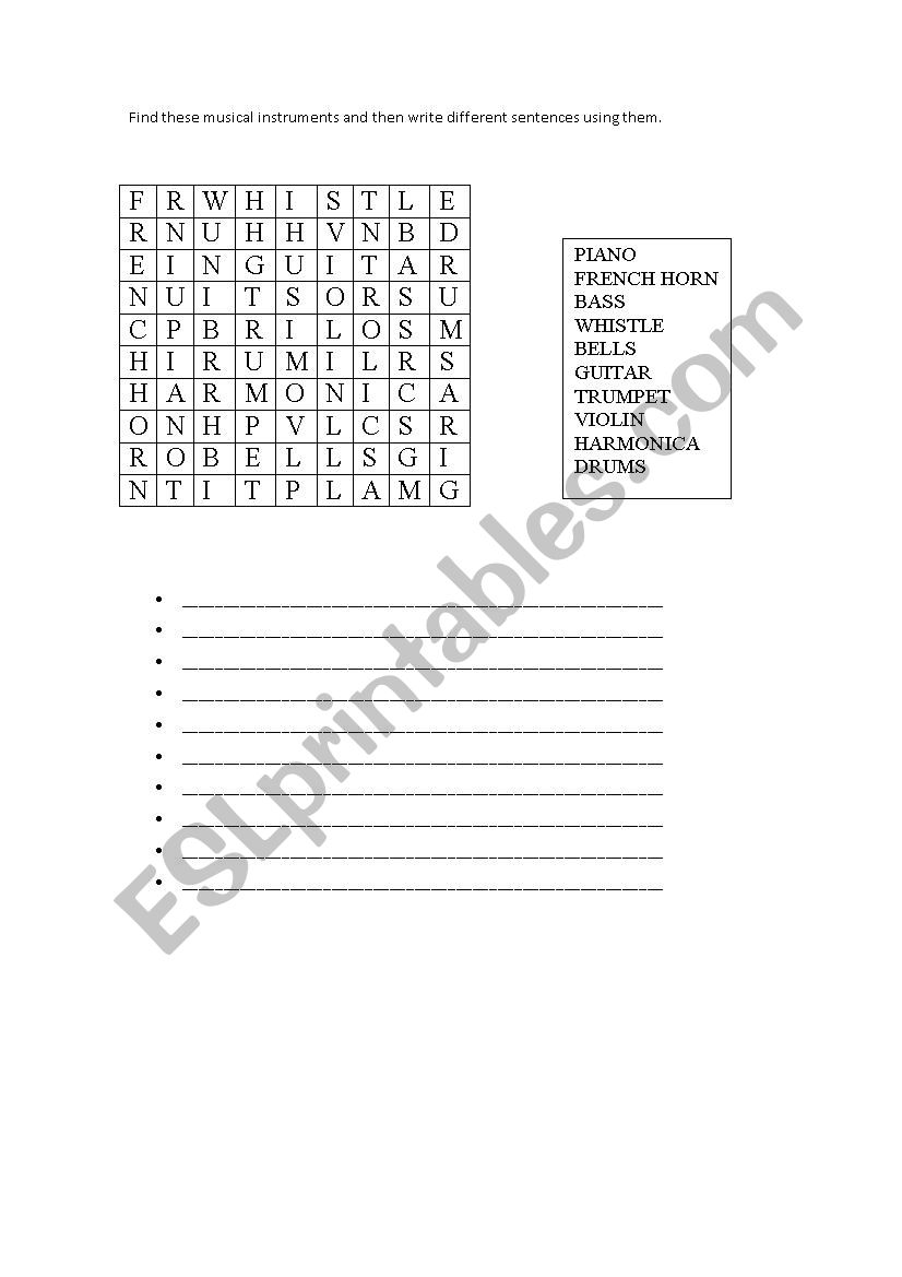 Musical instruments worksheet