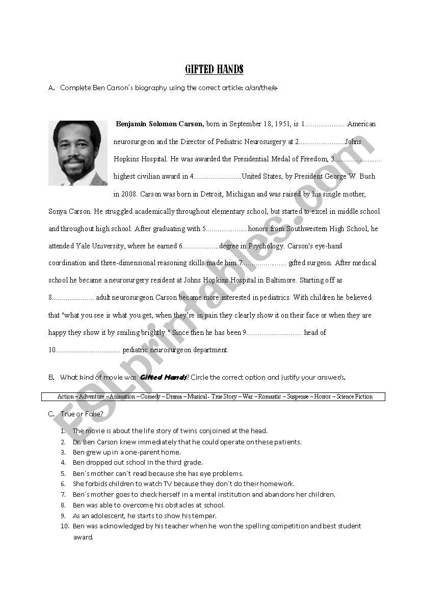 Movie Worksheet: Gifted Hands (Ben CarsonÂ´s Story)
