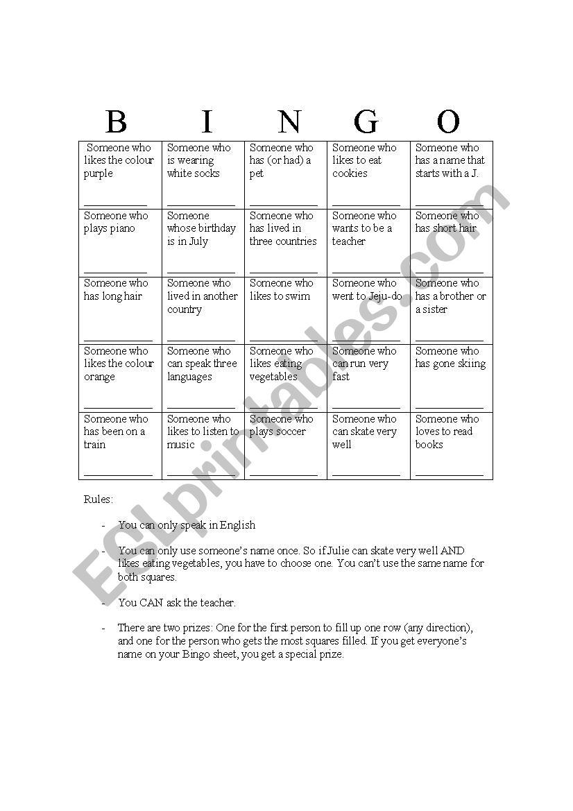 Getting to know you bingo worksheet