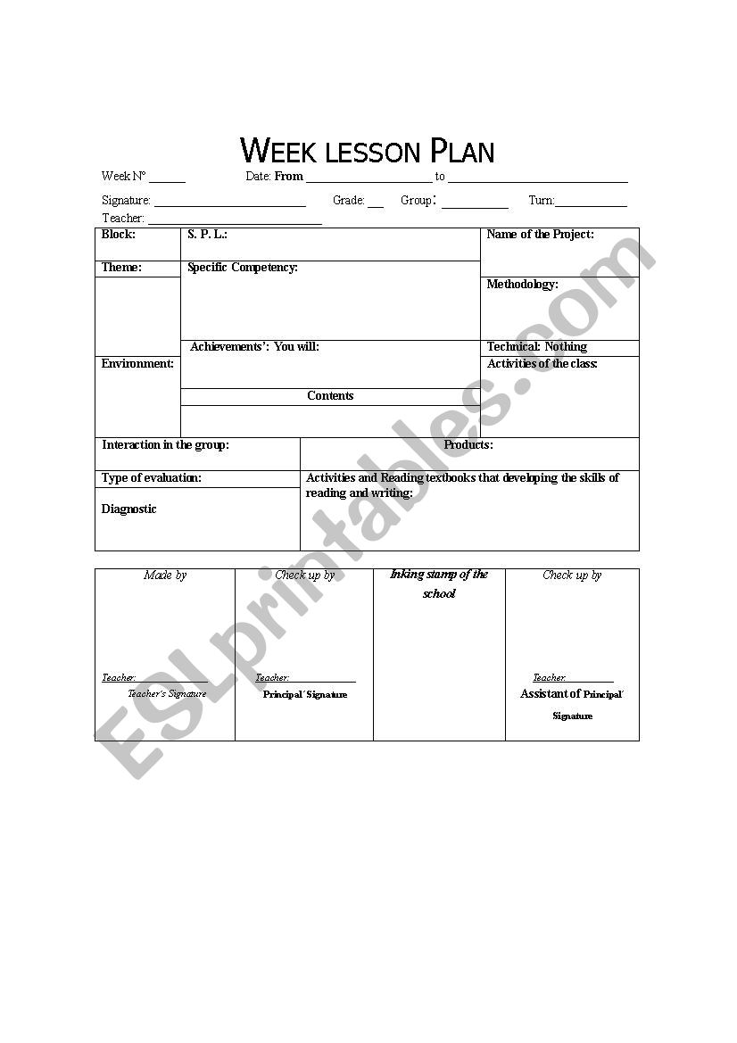 Week lesson plan worksheet