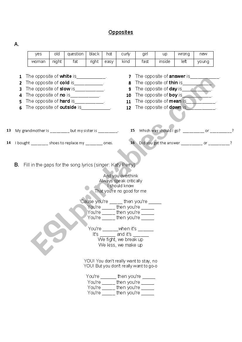 Opposites/Simile worksheet