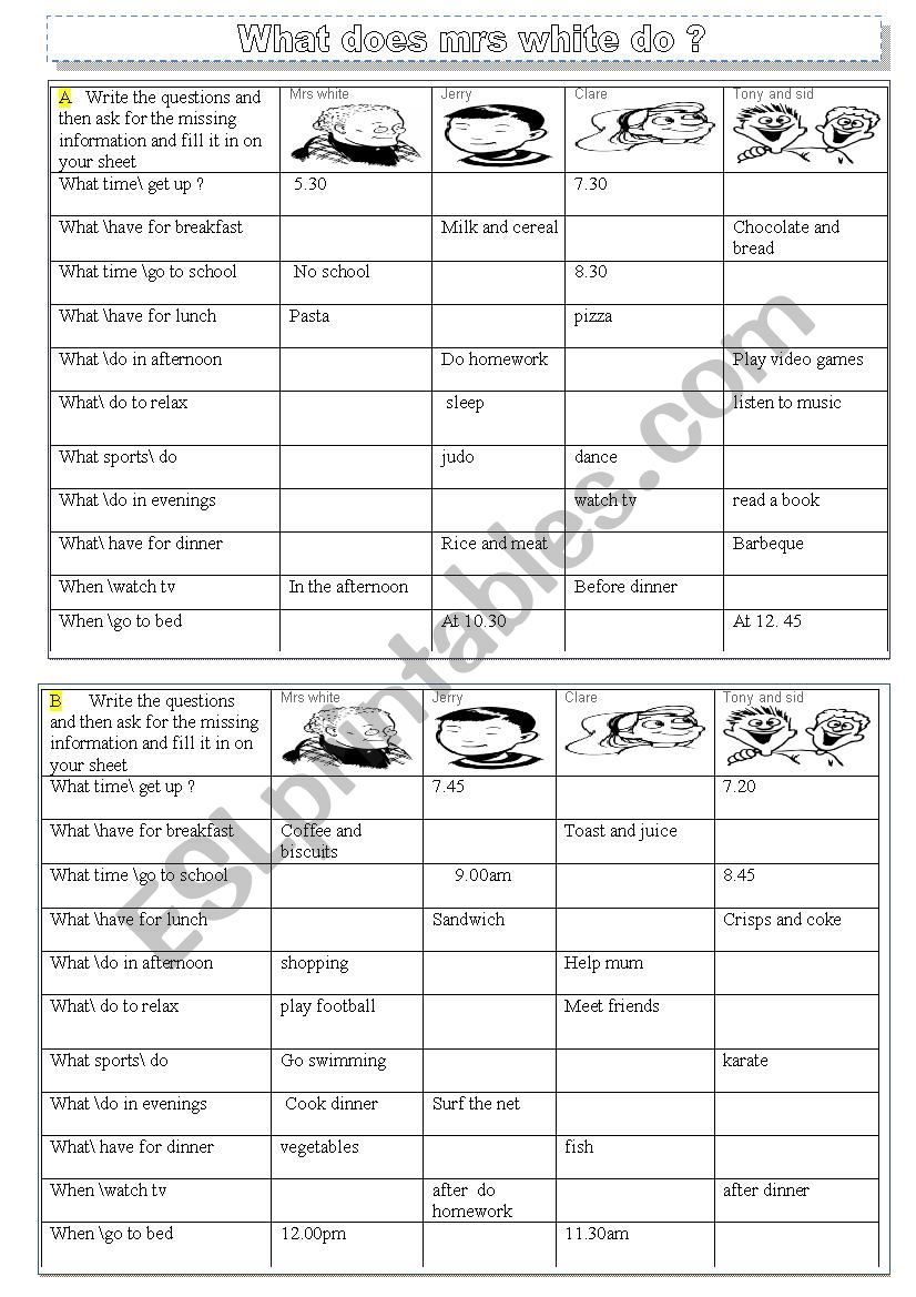 what does mrs white do? worksheet