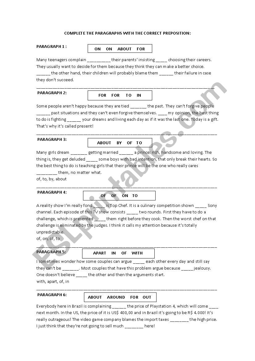 Complete the paragraphs worksheet