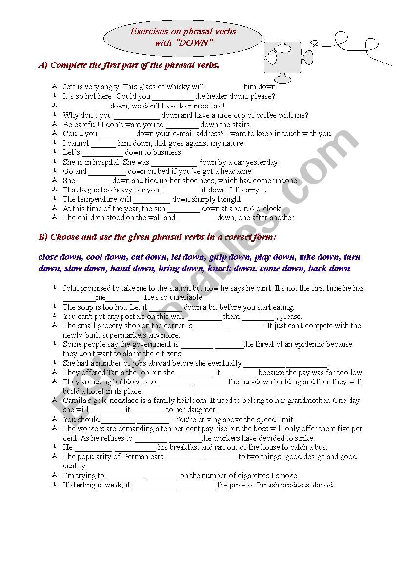 Phrasal verbs with DOWN worksheet