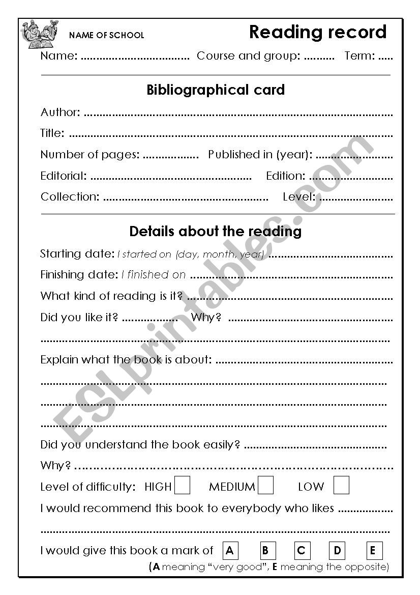 Reading record worksheet