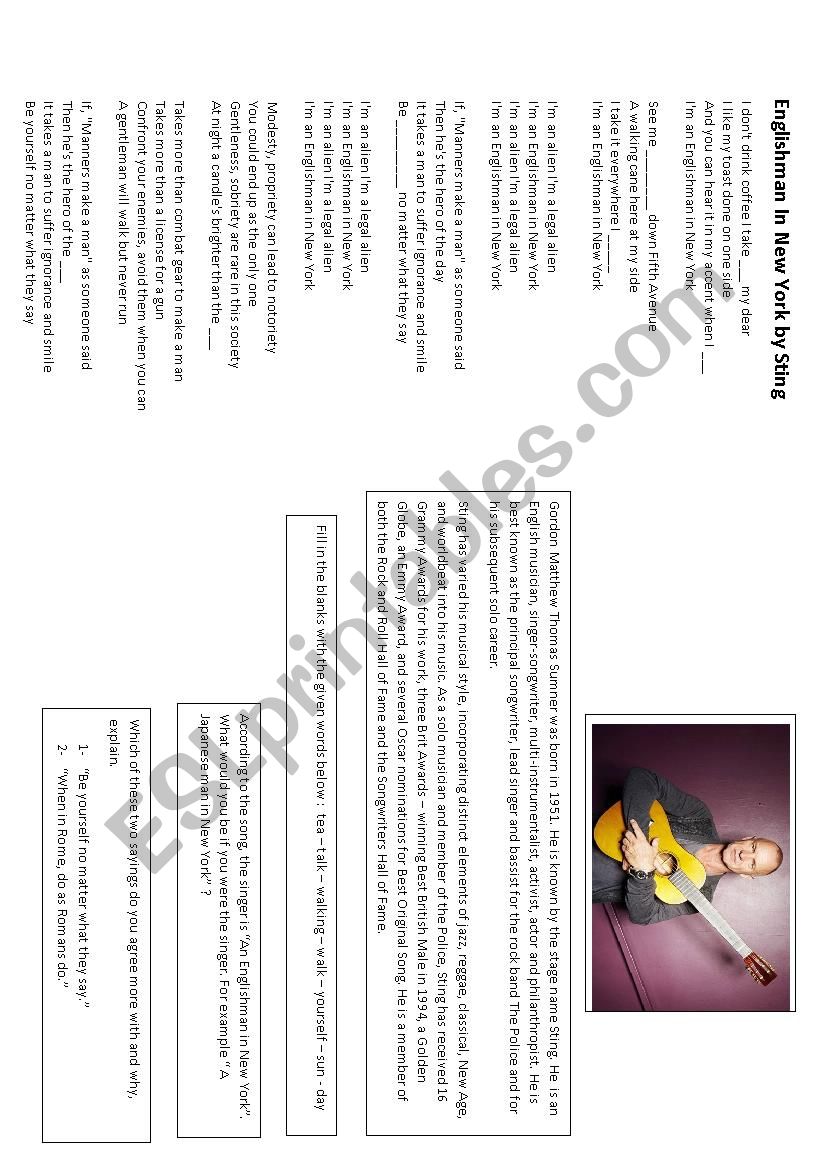 Englishman in NewYork Song worksheet