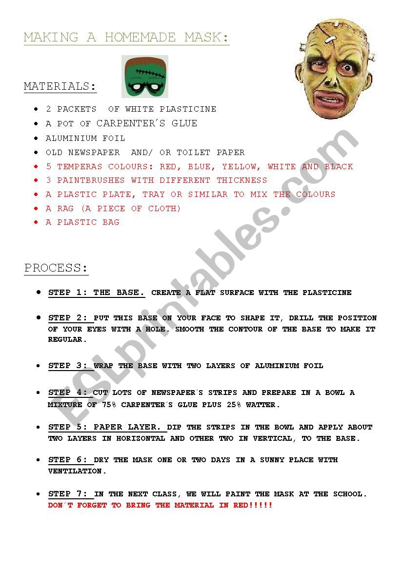 MAKING A HOMEMADE MASK worksheet