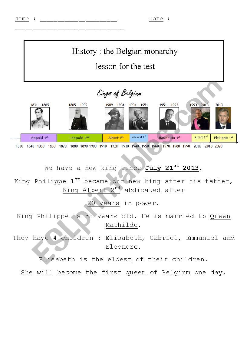 Belgian Monarchy Lesson worksheet