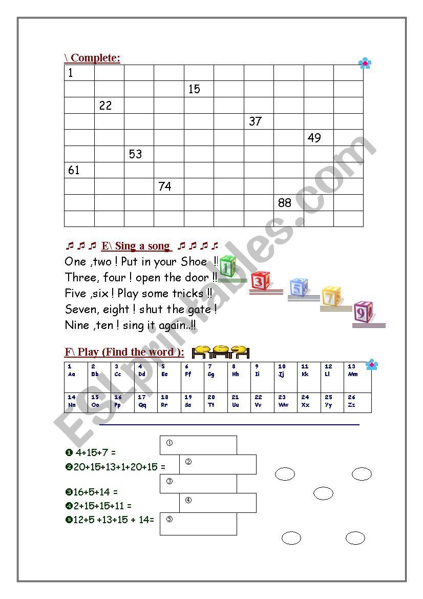 numbers worksheet