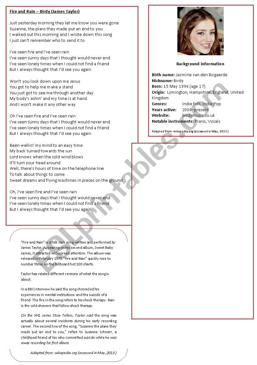 Fire & Rain worksheet