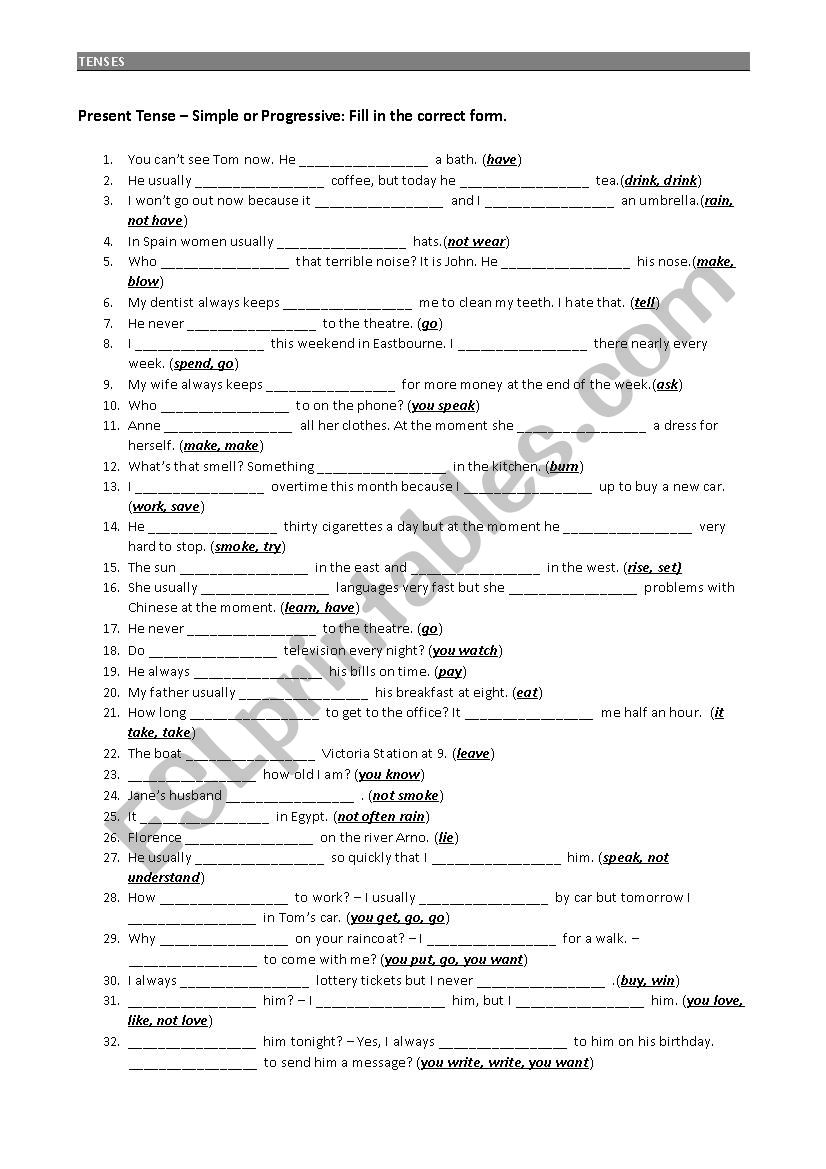 present tense  worksheet