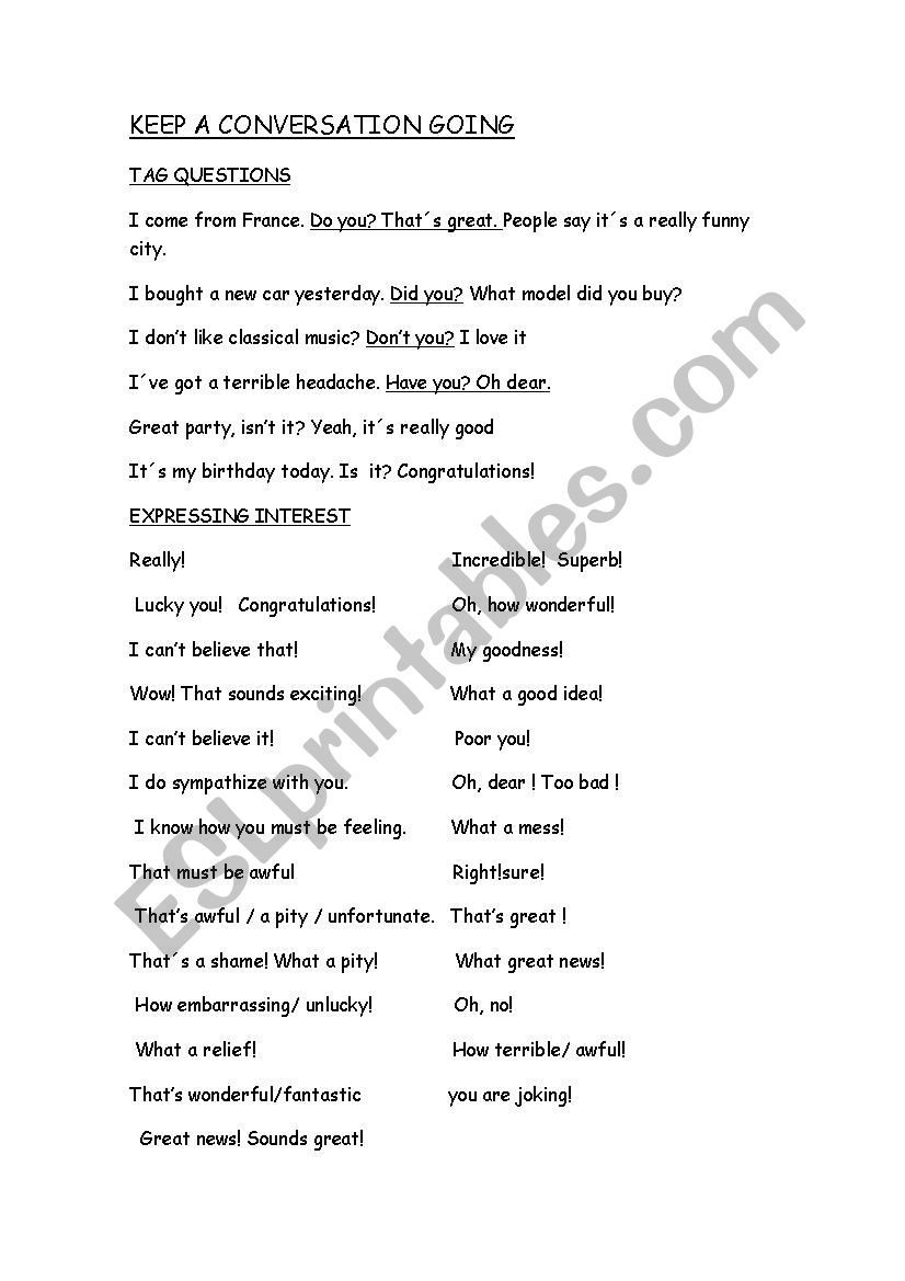 keep a conversation going worksheet