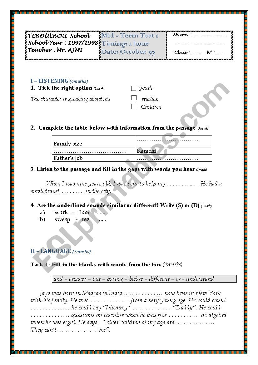 mid-term test for 9th form pupils tunisia