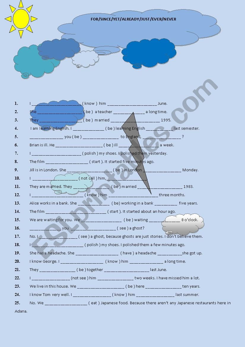 PRESENT PERFECT TENSE with FOR/SINCE/YET/ALREADY/JUST/EVER/NEVER