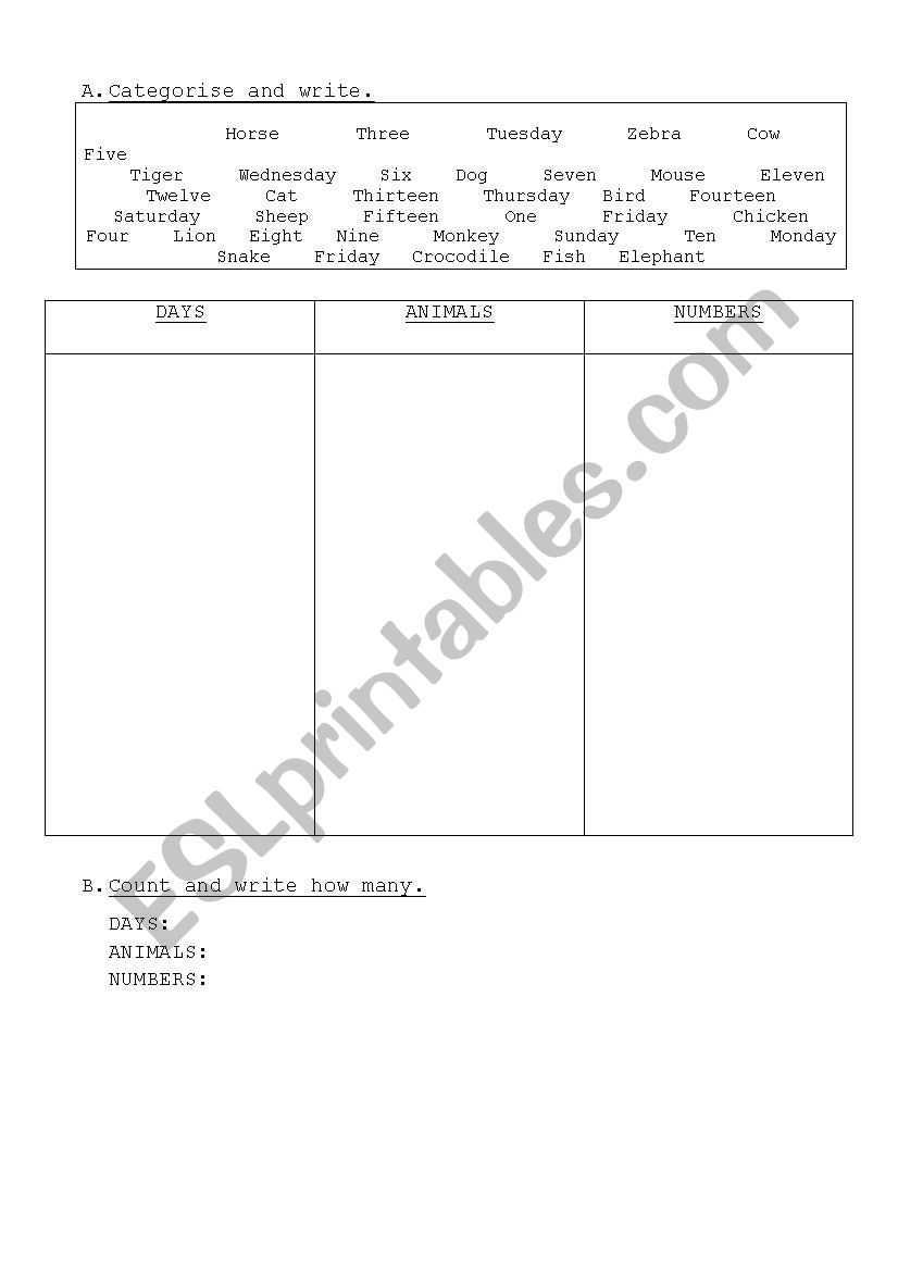 categorising worksheet