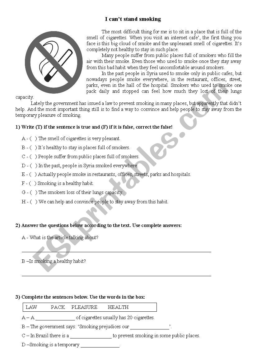 Smoking worksheet