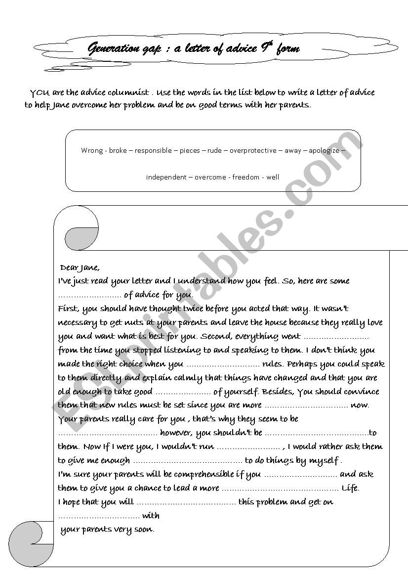 a letter of advice worksheet