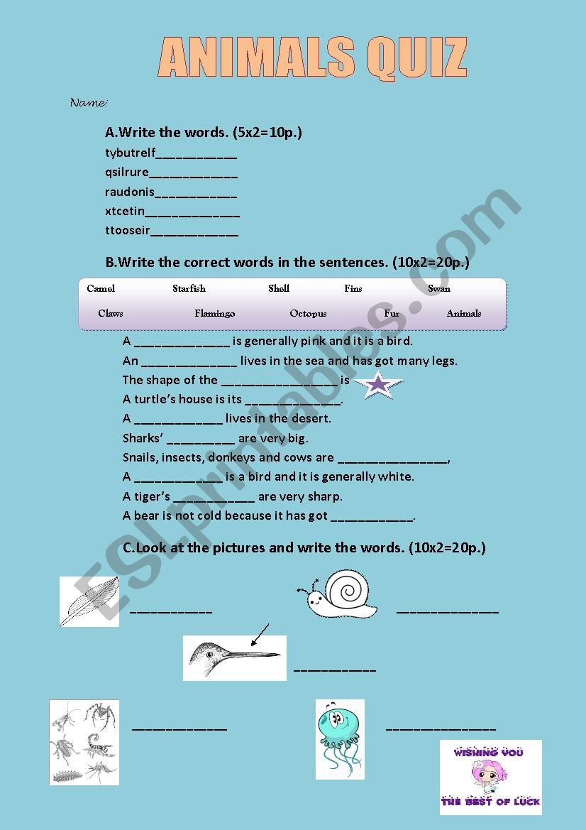 Animals quiz worksheet